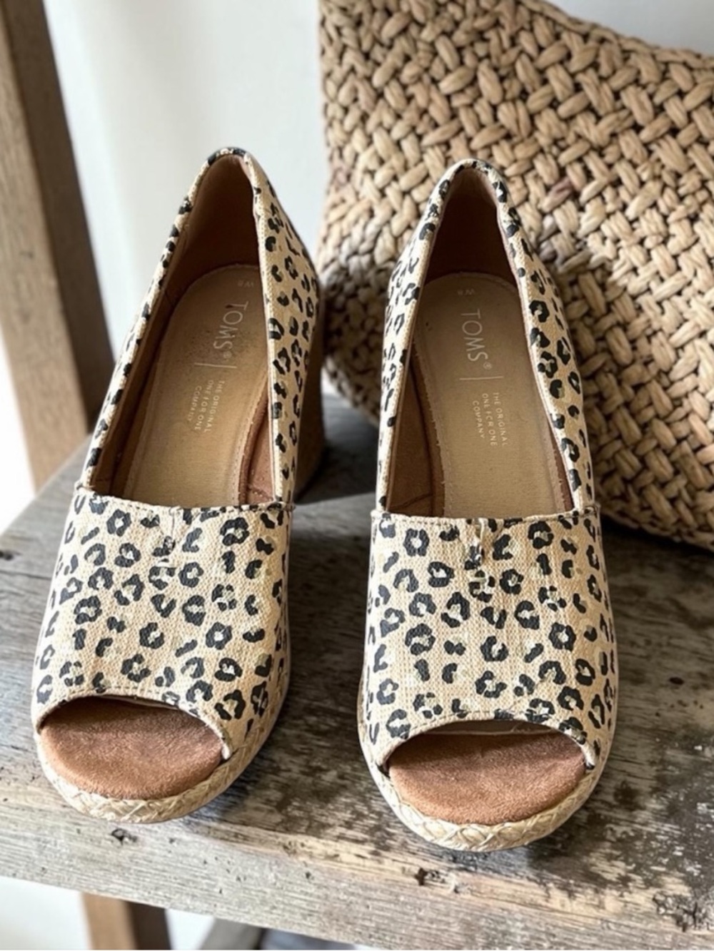 Toms Tan and Black Leopard Animal Print Wedge Peep Toe Sandals